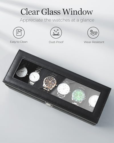 Ohuhu Watch Cases for Men Watch Box 6-Slot PU Leather Real Glass Lid Jewelry Organizer Storage Soft Velvet Watch Holder Display Case for Women Birthday Fathers Day Valentine's Day Gifts