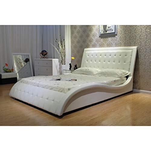 Greatime Tufted Wave-Liked Shape Platform Bed, Queen Size Bed, Color White Bed, Fully Upholstered Faux Leather Bed, Easy Assembly, Bedframe With Headboard #TOP1