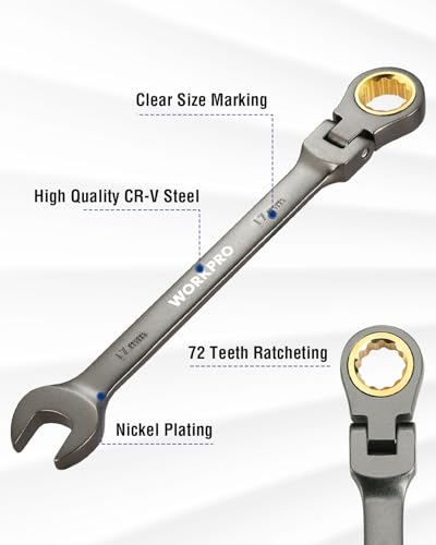 Image of WORKPRO 17 mm Flex-Head Ratcheting Combination Wrench, Nickel Plating | Cr-V Constructed, 72-Teeth, 12 Point Design, Metric, For Home Improvement, Auto Repairs, Plumbing, Constructions, Machinery