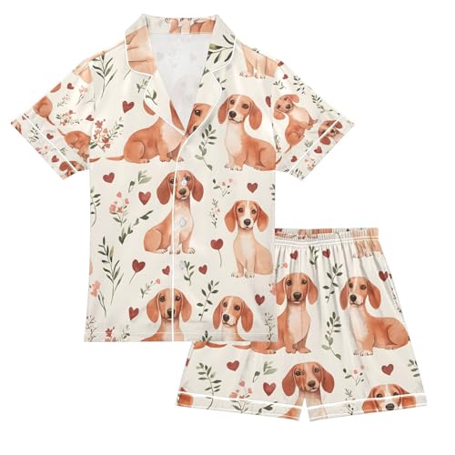 senya Cute Dachshund Flower Satin Summer Pajama Sets Silk Short Sleeve Button Down Sleepwear