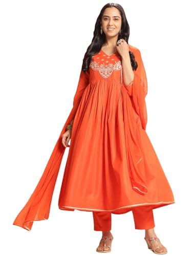 Kurta Anarkali orange en mélange de viscose brodé avec pantalon et dupatta taille 3XL