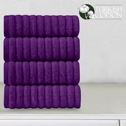 Image of Elegant Comfort Luxury 100% Turkish Cotton Corduroy Ribbed 4 Pack Hand Towel Set 16 x 28 Inch - Absorbent, Super Soft, Quick Dry, Premium Towels for Bathroom, Gym, Spa and Hotel Use, Purple
