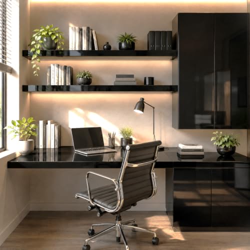 Image of HOME13 Black Wallpaper Peel and Stick Black Contact Paper Self Adhesive Removable for Cabinets Bedroom Drawer Liner Table and Door Decoration (20x50 Inch)