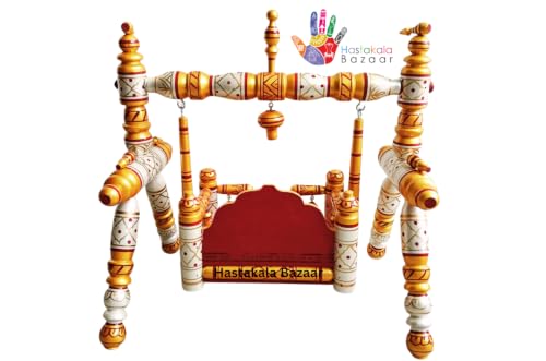 Image of Stronge Wooden Foldable Laddu Gopal Jhula | Krishna Jhula | Krishna Palana Hindola | Wooden God Jhula Big Size | Royal & Antique for Pooja Home (Pearl White Yellow -Cherry Golden)
