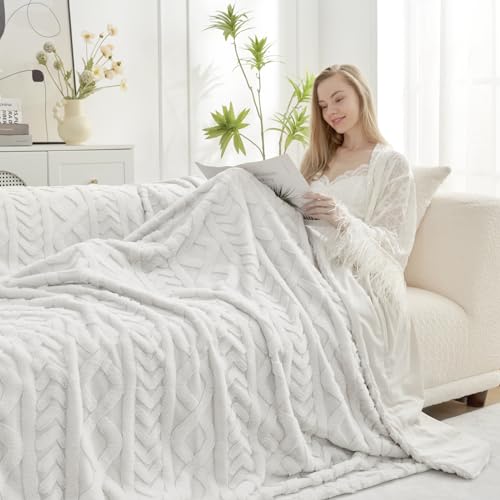 Cozy Bliss Faux Fur Throw Blanket for Couch, Jacquard Fuzzy Plush Soft Thick Winter Throw Blanket for Sofa Bed Living Room Bedroom,50\"x60\" Beige