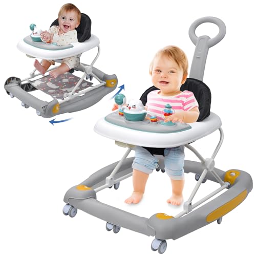 4 in 1 Baby Walker with Wheels, Adjustable Height, Music, Lights, Rocker Mode, Activity Walker and Bouncer Combo for Boys & Girls 6-24 Months