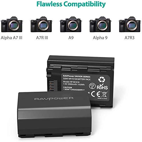 NP-FZ100 RAVPower [Upgraded] Camera Batteries Charger Set for Firmware 2.0 Sony Alpha A7 III Battery A7R III A9 Alpha 9 A7R3 a6600 a7R IV Alpha a9 II Alpha 9R A9R Alpha 9S (2-Pack, 2040mAh) - Thumbnail 2