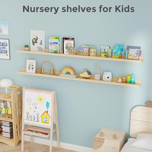 Picture-Ledge-Shelf-Floating-Shelves-Set-of-2-72-Inches-Long-Large-Nursery-Book-Shelves-for-Toys-Storage-Kids-Bookshelf-Wall-Mounted-for-Living-Room-Bedroom-Decor-Books-Photo-Frames-Natural Picture Ledge Shelf Floating Shelves Set of 2 72 Inches Long Large Nursery Book Shelves for Toys Storage Kids Bookshelf Wall Mounted for Living Room Bedroom Decor Books Photo Frames Natural