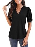 Imily Bela Womens V Neck T Shirts Casual Puff Short Sleeve Loose Dressy Blouses Summer Tops Black