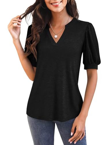 Imily Bela Womens V Neck T Shirts Casual Puff Sleeve Loose Dressy Blouses Summer Tops