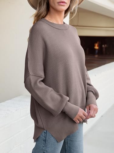 Image of ANRABESS Women Oversized Sweaters Batwing Long Sleeve 2026 Fall Outfits Crewneck Casual Knit Side Slit Fashion Pullover Top