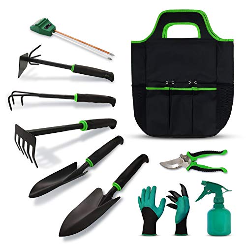 Myuilor Garden Tools Set 10 Pieces, Gardening Tool Kit with Heavy Duty Aluminum Hand Tool and Digging Claw Gardening Gloves Gardening Gift for Men Women,Green