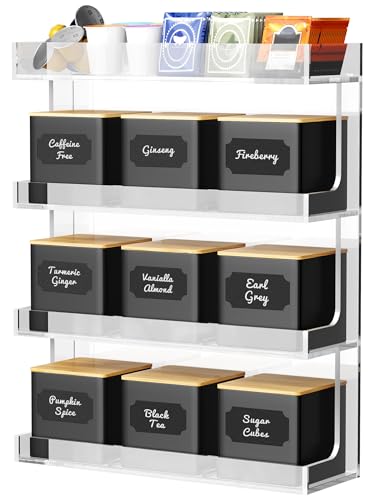 NiHome Tea Organizer Rack with 9 Airtight Canisters Loose Leaf Storage