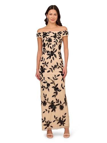 Adrianna Papell Vestido Largo de Malla con Cuentas ocasión Especial, Negro/Desnudo, 42 para Mujer