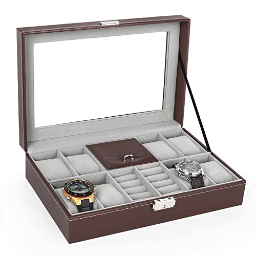 LIANTRAL Uhrenbox, 8 Fächer, abschließbarer Leder-Uhren-Koffer, Organizer mit Ringaufbewahrung für Damen und Herren, schwarz (braun) Cover