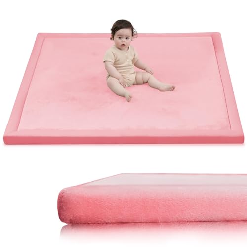 Image of Huloo Sleep Ultra Soft Baby Play Mat for Floor,1.3 inch Thick Elasti-Foam 47x47 Play Mat for Playpen,Water-Repellent Coral Velvet for Tummy Time, Non-Slip Backing Safe for Toddlers & Infants(Pink)