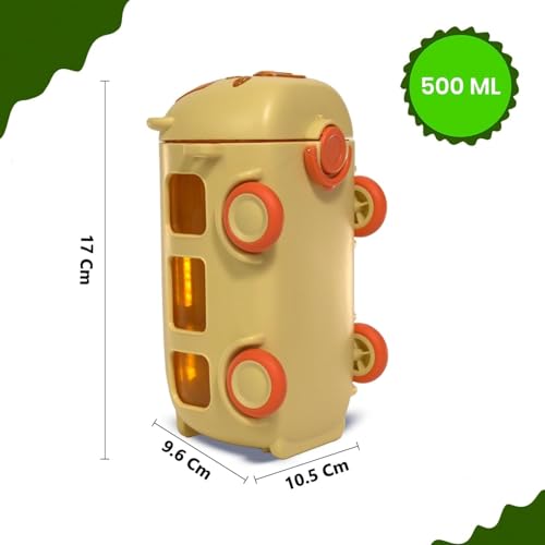 Image of PLUSPOINT Bus Water Bottle for Kids Detachable Straw Water Cup with Shoulder Strap Leak-Proof Kids Drink Cup Cute Cartoon Water Jug Toy with Wheels Toddler Water Bottle for Boys and Girls