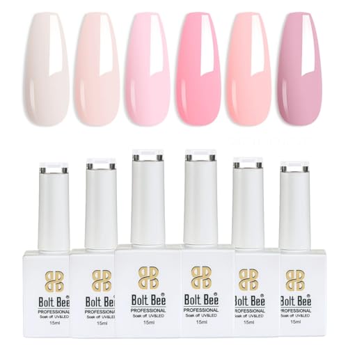 Image of Bolt Bee Gel Polish Kit, 6 Colors Light Soft Sakura White Nude Spring Soak off Nail Art Design Manicure Kit at Home (Pink Shades)