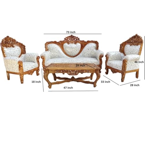 Image of Wooden 5 Seater Sofa Set with Center Table, Solid Wood Hand-Carved Sofa with Traditional Design Furniture for Living Room, Home, Office
