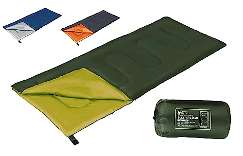 CROSS COUNTRY Envelope Sleeping Bag for Adults & Kids, Warm & Lightweight, for Camping, Hiking, Festivals, 180x75cm (71x29.5 in) 200GSM, Full Length Zipper, Green