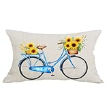 Cariwotan Watercolor Blue Bike Bicycle Yellow Sunflowers Summer Decorative Lumbar Pillowcase Throw Pillow Cover Case Chair Sofa Bed Home Decoration Cotton Linen Rectangular 12 x 20 Inches