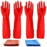 YSLON Rubber Cleaning Gloves Kitchen Dishwashing Glove 2-Pairs And Cleaning Cloth 2-Pack,Waterproof Reuseable.(Medium)