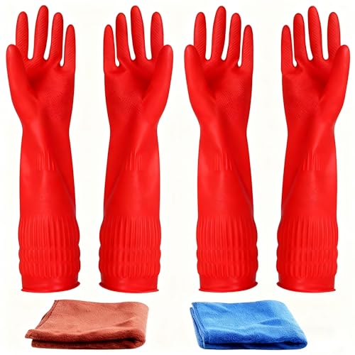 YSLON Rubber Cleaning Gloves Kitchen Dishwashing Glove 2-Pairs and Cleaning Cloth 2-Pack,Waterproof Reuseable. (Red, Medium)