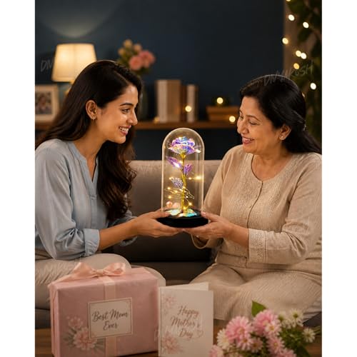 Image of Divyakosh Rose Glass Dome Lamp | Aesthetic Room Decor Light for Bedroom, Bedside & Living Room | Cute Romantic Gift for Girlfriend, Wife & Couples | Modern Decorative Showpiece
