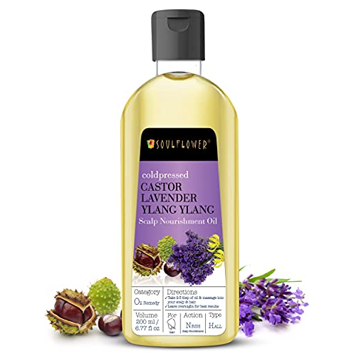 Soulflower Indian Coldpressed Castor Lavender YlangYlang Hair Nourishment Oil,100% Pure Undiluted,USFDA approved,Herbal Formulation for Healthy Scalp,6.77 Fl.Oz,Vegan & Organic+Bonus Travel Mini Spray