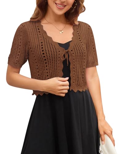 Brown Crochet Shrug Summer Sweater Short Sleeve Crop Cardigan Lightweight