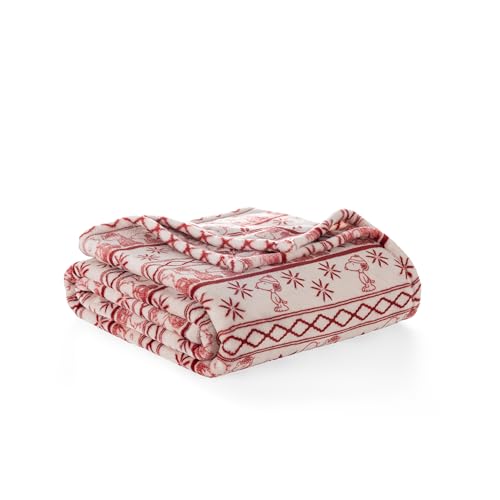 Image of Berkshire Peanuts VelvetLoft Cute Character Snoopy Plush Blanket,Cozy Fairisle Crimson Neutral,King 90 in x 108 in (Official Peanuts Product)