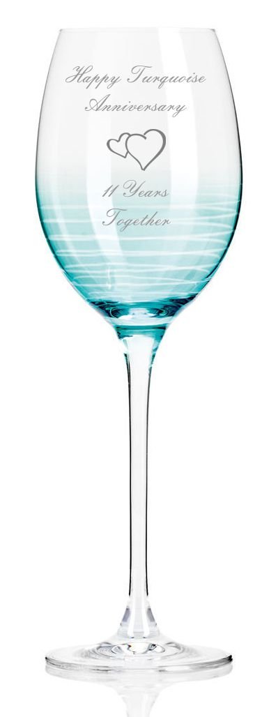 Verres à vin mariage 11 ans Cheers Happy Turquoise Anniversary Maillon cœurs