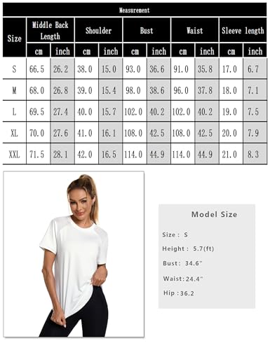 Terecey Sportshirt Damen Kurzarm Rundhals Sport T-Shirt Leicht Atmungsaktiv Funktionsshirt Laufshirt Trainingsshirt Mesh Locker Lang Sportoberteile Fitness Yoga Tops Funktionsshirt Weiß L