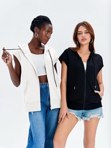 Fisoew Women's Sleeveless Zip Up Hoodies Casual Loose Fit Drawstring Sweatshirts Lightweight Jackets Vest with Pockets3