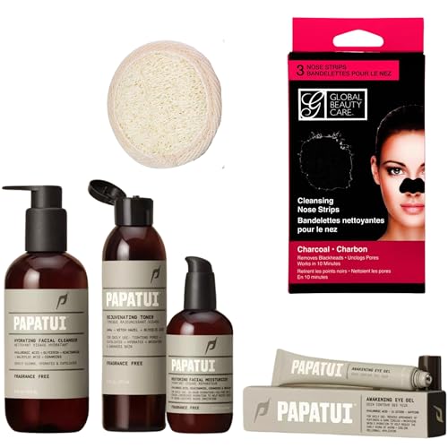 Papatui Men’s Essential Facial Care Kit-Papatui Hydrating Facial Cleanser-Dwayne “The Rock” Johnson Toner-Facial Moisturizer-Awakening Eye Gel-Nose Cleansing Strips and Scrubbing Sponge
