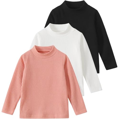 Girl's Striped Knitted Sweater, Half high Neck Long Sleeved, Black, White and Pink Inner top