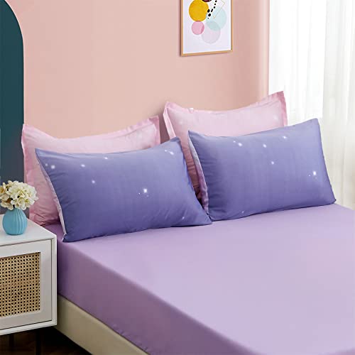 Image of Dinjoy Girls Women Comforter Set King Size Ombre Pink Purple Rainbow Bedding Set 7 Pieces Bed in A Bag for Teen Adult (1 Comforter, 1 Flat Sheet, 1 Fitted Sheet, Pillow Shams & Pillowcases)