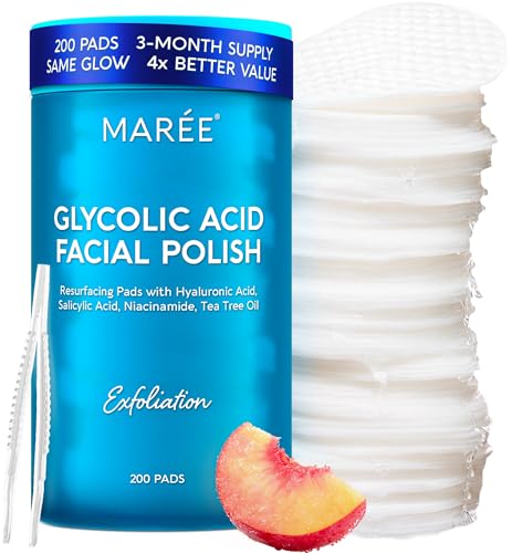 Image of MAREE Glycolic Acid Pads - 200 Toner Pads for Face Cleansing - Facial Exfoliating Pad with Tea Tree Oil, Salicylic Acid & Vitamins E, B3, B5 - Acne Clearing Face Pad, Skin Pore Resurfacing & Radiance