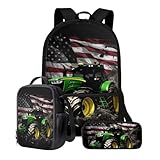 Talayituse Tractor American Flag Pattern School Backpack for Teens Girls Boys, 3-in-1 Kids Backpack Bookbag Set School Bags with Lunch Box Pencil Case