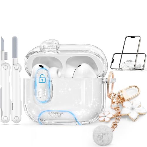 Image of for AirPods Pro 3 Case 2025 with Safety Lock,Glitter White | Clear Case with Phone Stand & Cleaner Kit,Cute Floral Chain for Women Girls,Soft TPU Protective Cover,Shockproof