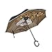 Sawhonn Bouledogue Brun Mignon Parapluie Inversé Double Couche Inversée Parapluie Pliable Coupe-Vent Anti-UV Soleil Poignée en Forme C de Voiture