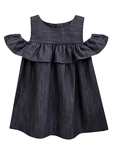 Image of A.T.U.N. (ALL THINGS UBER NICE) Girls Solid Denim Cold Shoulder Sleeve Empire Waist Casual Dress