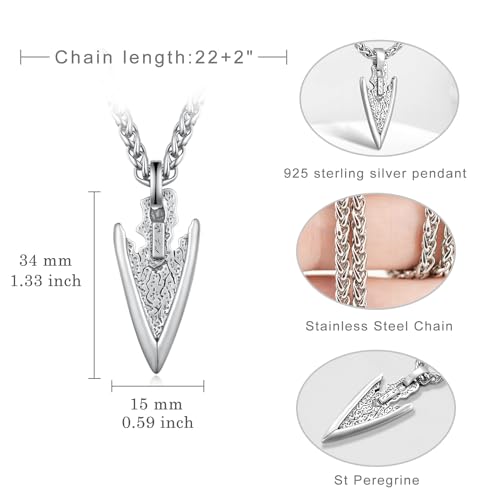 Arrowhead Necklace Sterling Silver Arrow Pendant Necklace Native American Jewelry for Men 22"+2" Chain4