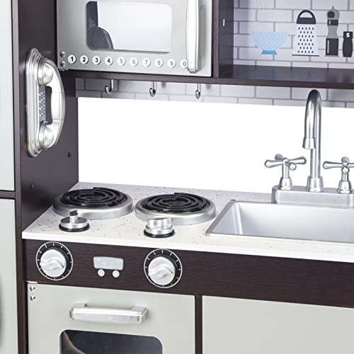 Kitchen Playset for Kids Ages 3-8, Wooden Pretend Play Kitchen with Realistic Sounds, Including Telephone, Ice Maker, Refrigerator, Dimensions: 35” H x 31” W x 12” D (Black)