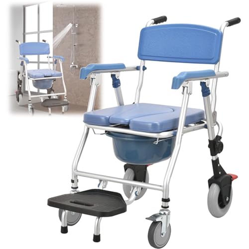 SULQING Foldable Commode Toilet Chair Bedside Commode Chair Shower Commode Wheelchair Shower Chair with Wheels for Elderly Commode Portable Toilet Shower Chair On Wheels