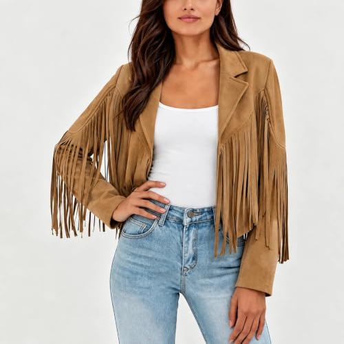 Women Faux Suede Fringe Jacket Notched Lapel Open Front Cropped Blazer Coat - image 2