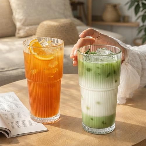 Image of PrimeWorld Ribbed Glass Tumblers - 6-Piece Set (350ml Each) | Thickened Highball Glasses for Iced Coffee, Smoothies, Cocktails & Juices | Elegant & Durable Drinkware for Home, Office & Travel