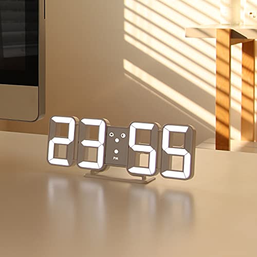 mooas 3D Pure Mini White LED Clock, Multi-Function LED Clock (Calendar, Alarm, Temperature) (8.5" White Table Alarm Clock) - Image 2