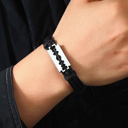 Punk Rock Razor Blade Bracelet Braided Wax Rope Pu Leather Arm Cuff Bracelet4