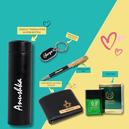 Image of Personalized Name & Charm Leather Mens Wallet Combo | Gifts for Men Husband Boyfriend Staff Employees Clients Colleagues Friend (Wallet,Pen,Keychain,Bottle&Perfume)